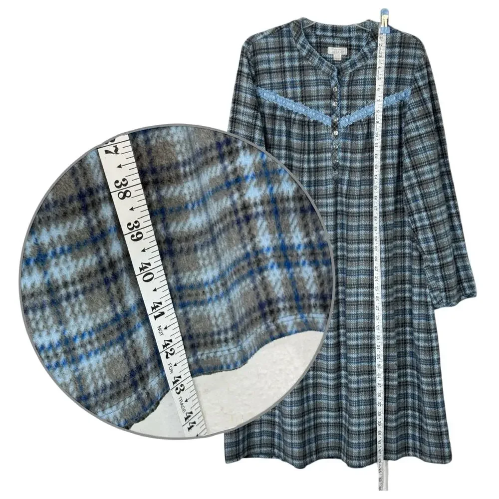 Vintage Fleece Nightgown Blue Plaid Plus Size 2X Grandmacore Cottagecore